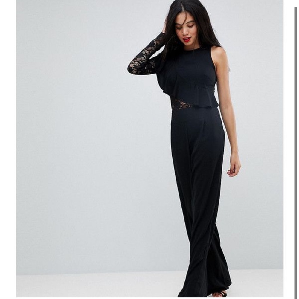 missguided wide leg one sleeve lace insert jumpsuit